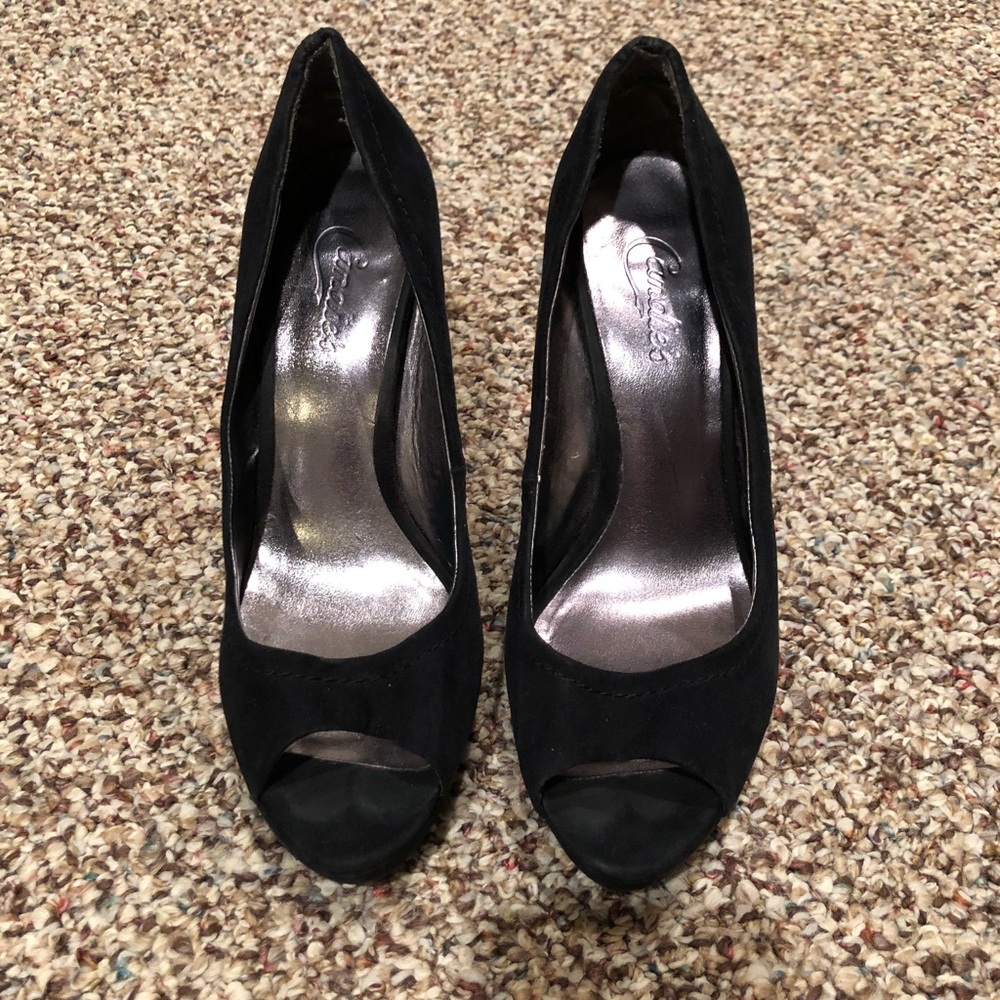 Black suede Candies peep toe heels
